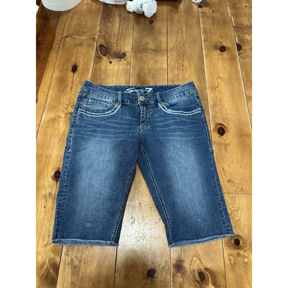 Seven7 Women's Blue Denim Raw Hem Embroidered Pockets Stretch Shorts Size 14